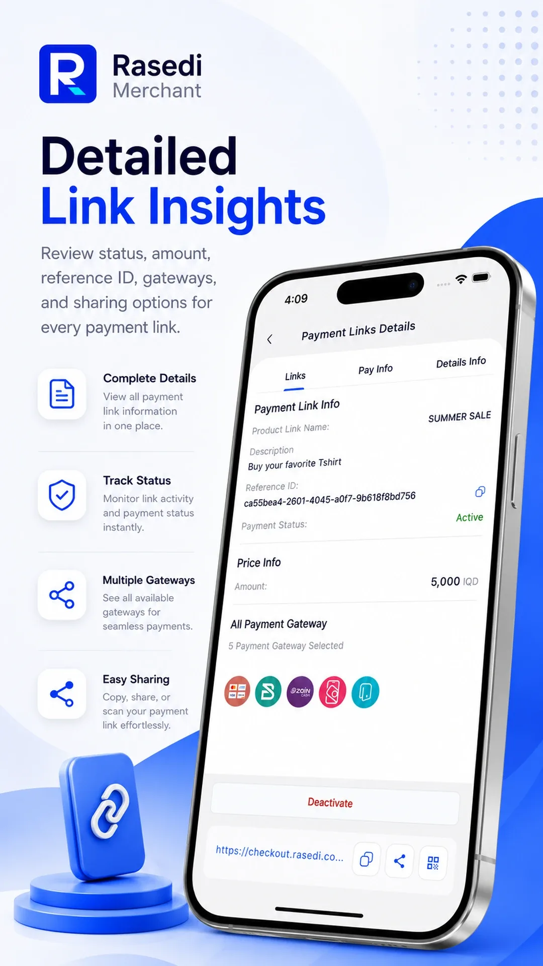 Rasedi Merchant payment link details with status, gateways and sharing