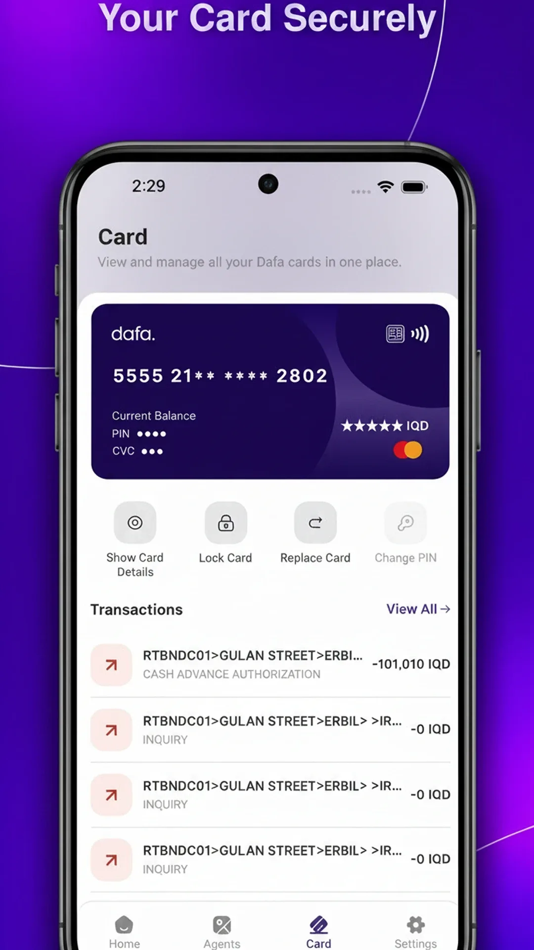 dafa. card screen with show details, lock, replace card and change PIN