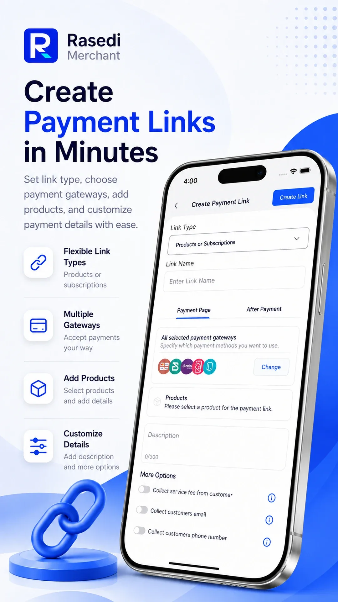 Rasedi Merchant creating a payment link with gateways and products