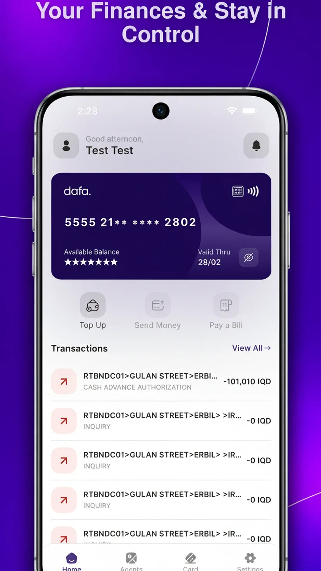 dafa. home screen with the prepaid card, balance hidden, and recent transactions