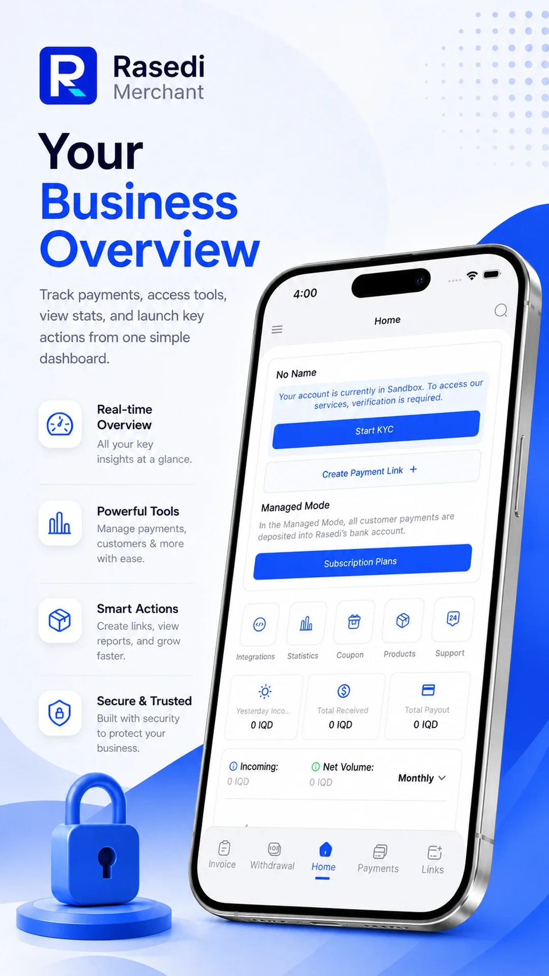 Rasedi Merchant home dashboard with payouts and quick actions