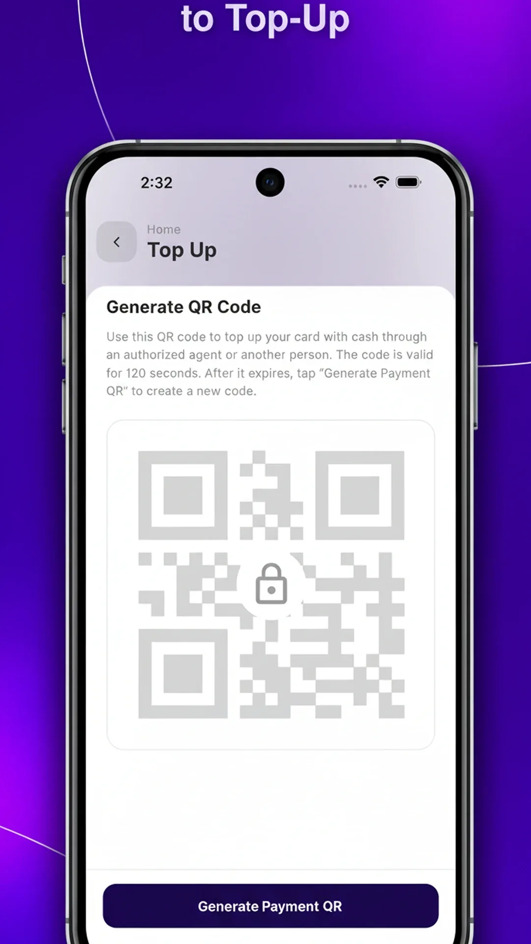 dafa. top-up screen generating a QR code for an agent to scan