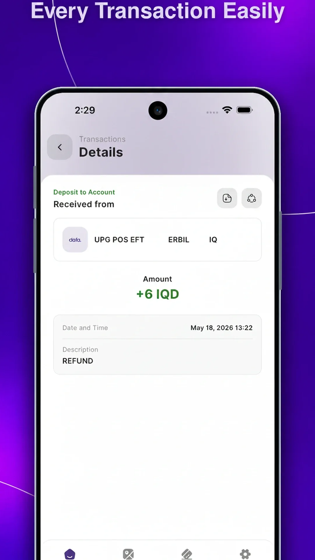 dafa. transaction details for a refund