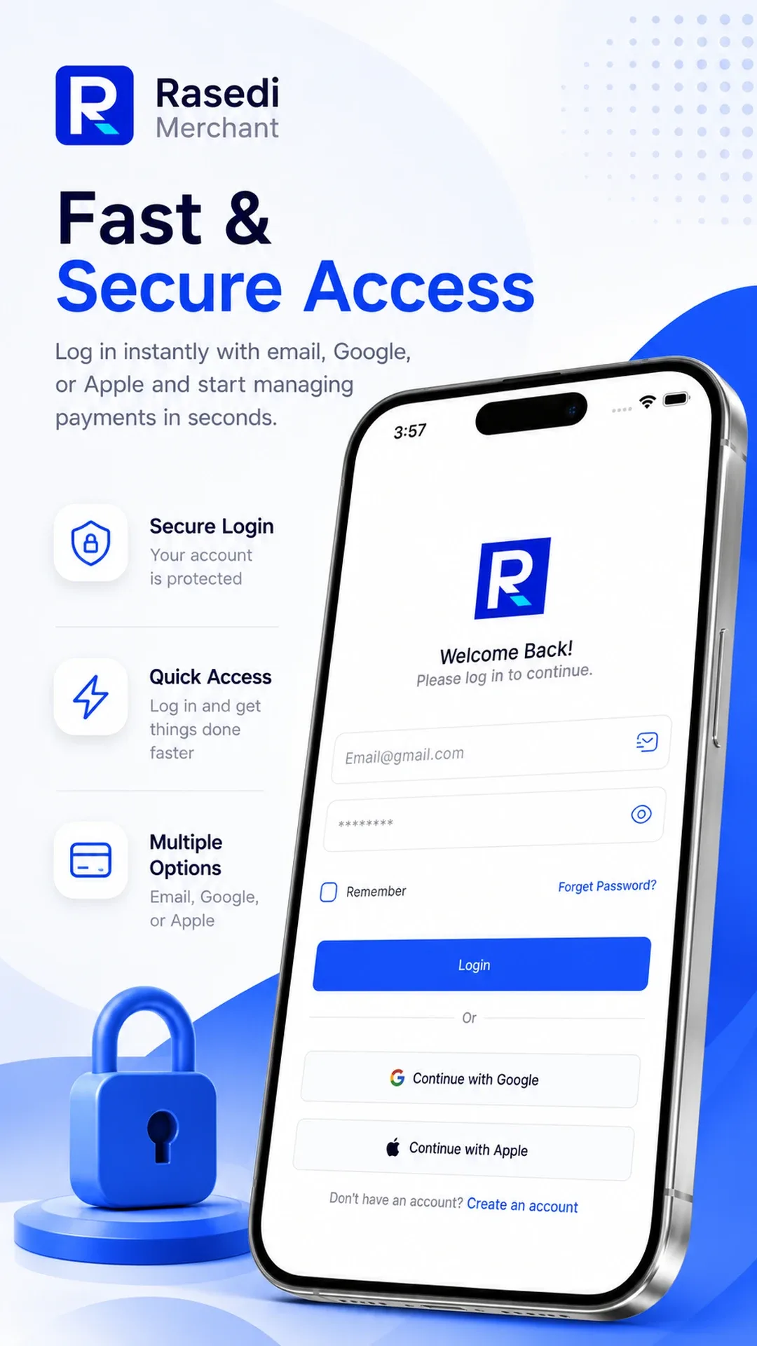 Rasedi Merchant sign-in with email, Google or Apple