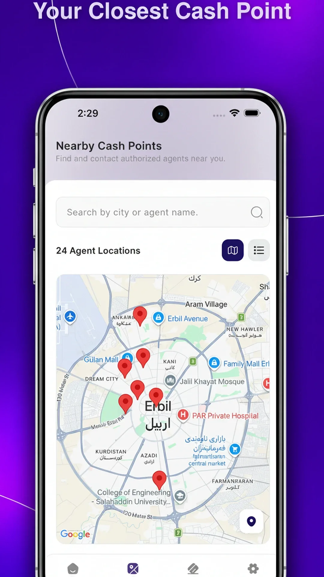 dafa. nearby cash points on a map of Erbil with agent search