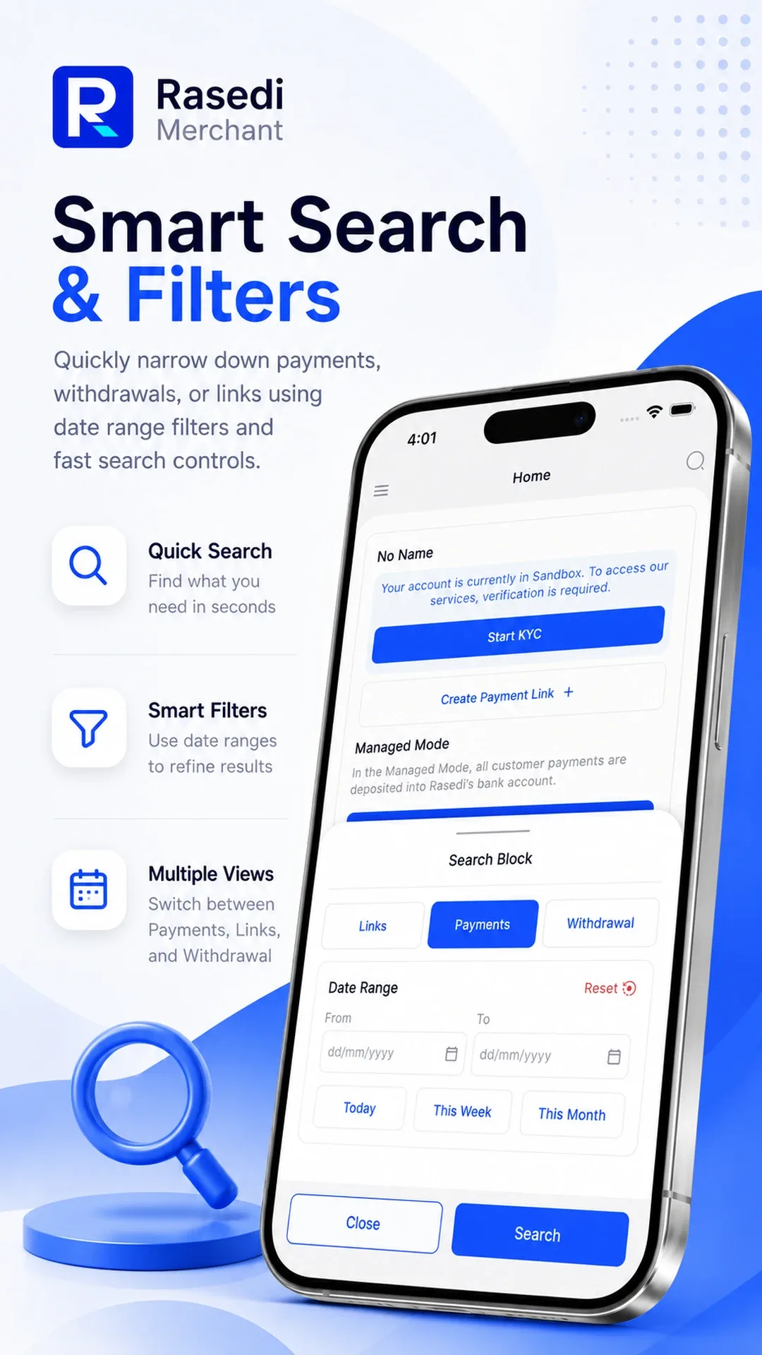 Rasedi Merchant search with date-range filters