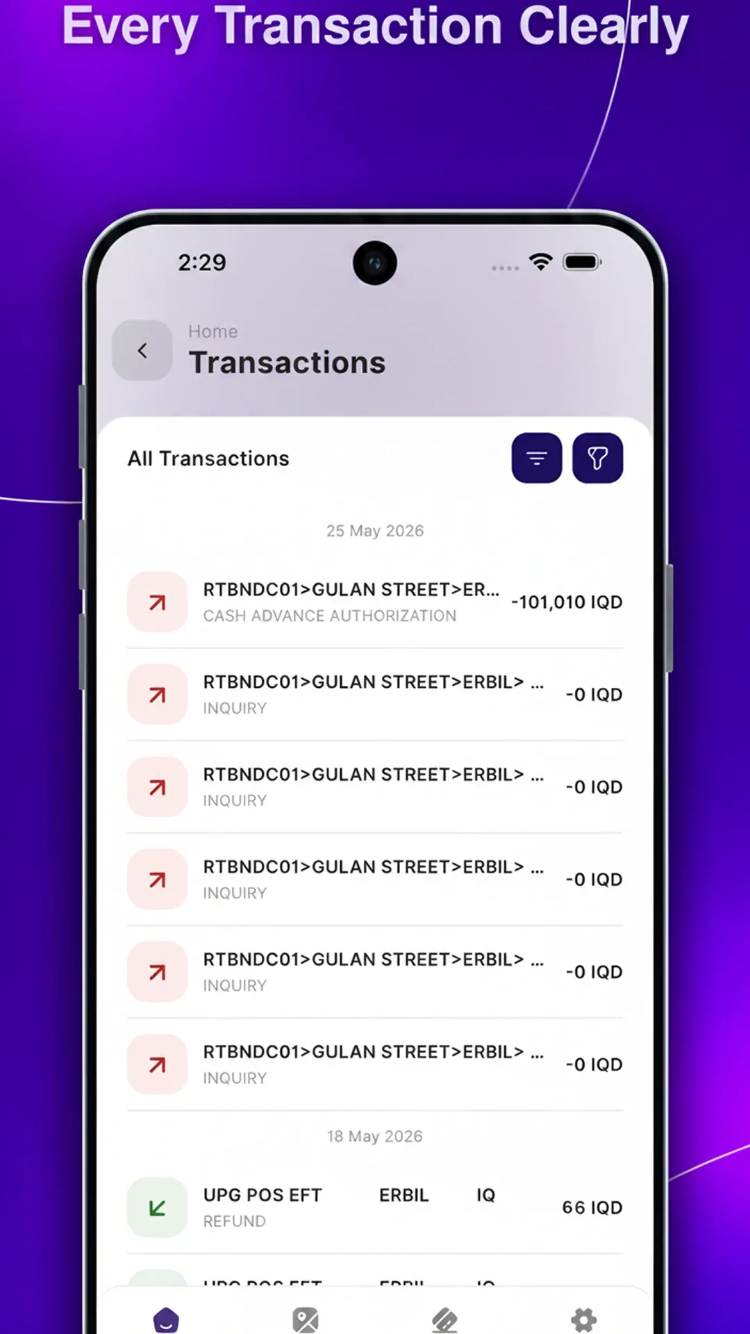 dafa. transaction history grouped by date with filters