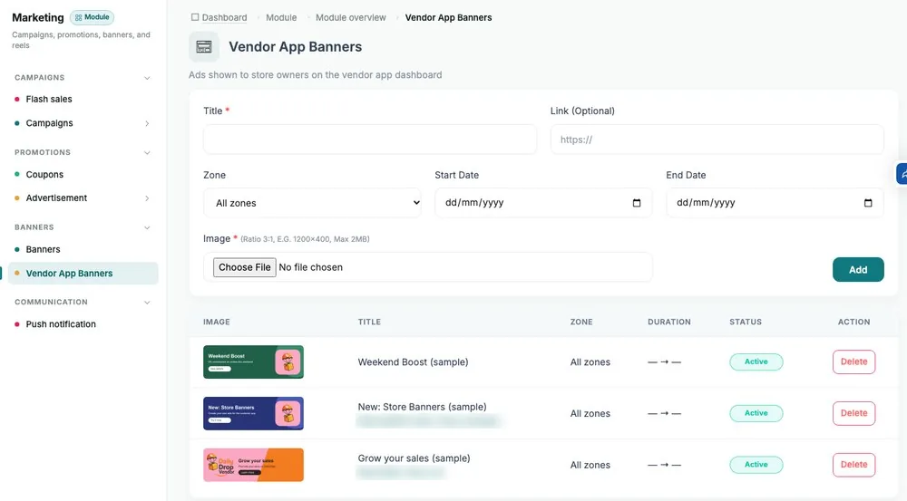 Admin panel page for creating and scheduling vendor app ads