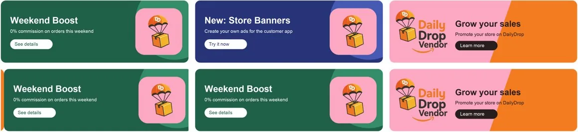 Vendor app ad carousel rotating through three banners