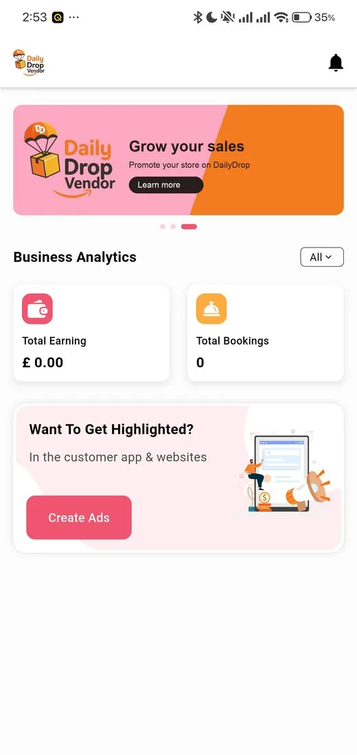 DailyDrop vendor app dashboard with the new ad carousel and brand colours
